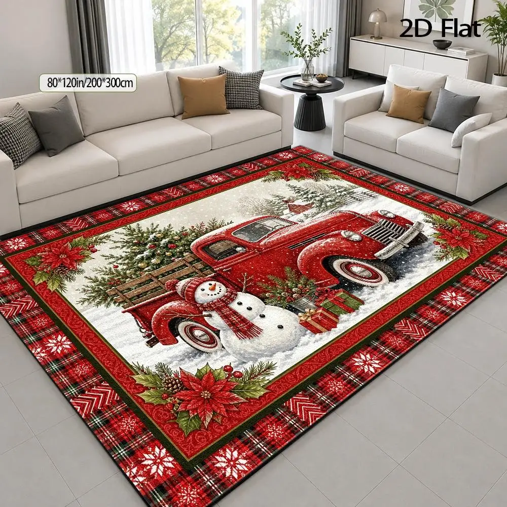 1pc 2D Flat Red Truck Snowman Christmas Area Rug, Winter Scene with Plaid Border, Durable & Easy to Clean, Reusable Indoor