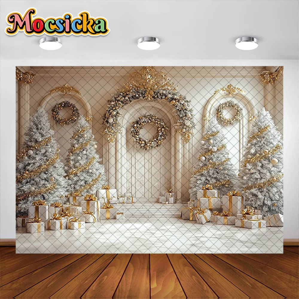 Christmas Photography Background Golden Xmas Tree Garland Gifts Decoration Supplies Family Photo Backdrops For Studio Props