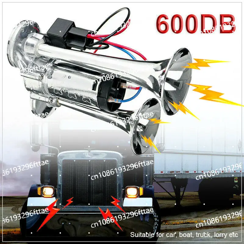 600DB Car Horn Electric Supply Double Tube Metal One-piece Electric Pump Horn with Relay, Car Horn