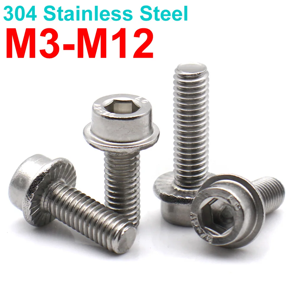 5-50pcs 304 Stainless Steel Flange Hex Socket Cap Head Screws Serrated Washer Allen Cylindrical Head Bolt M3 M4 M5 M6 M8 M10 M12