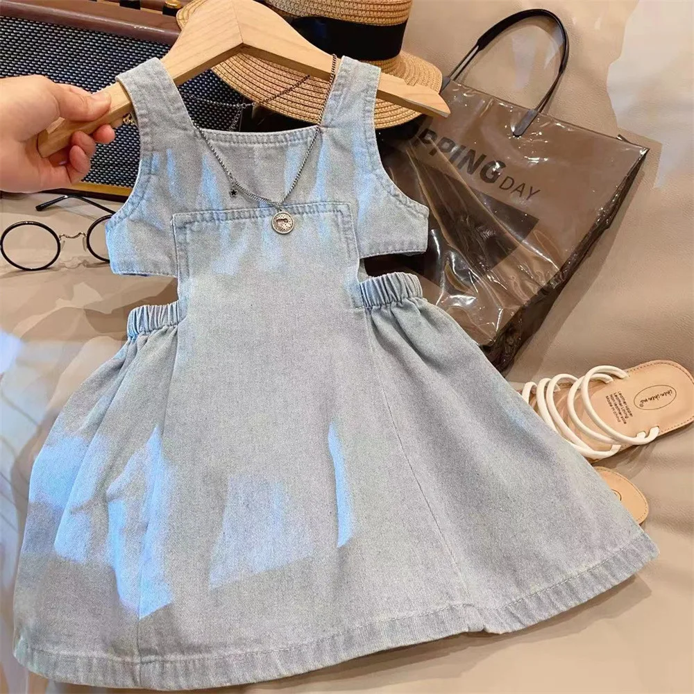 

New Summer 2 - 7 Years Old Girls' Blue Denim Sling Dress with Waist - Revealing Design - Stylish Summer Outfit