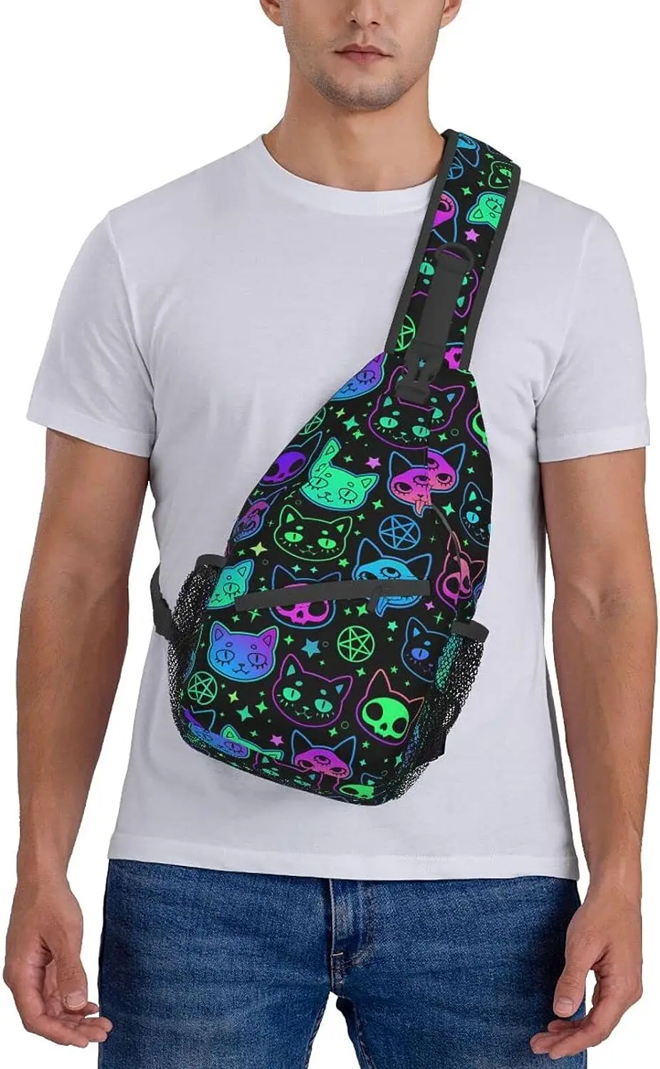 Cartoon Witchcraft Cat Skull Neon Colorful Sling Backpack Crossbody Sling Bag Travel Chest Daypack Hiking Shoulder Bag for Adult