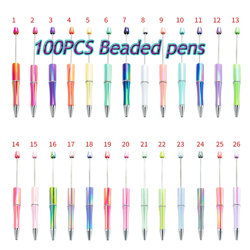 100pcs UV Gradient Beaded Pens Students DIY Handmade Plastic Beadable Pen Plastic Ballpoint Pens Stationery School Supplies