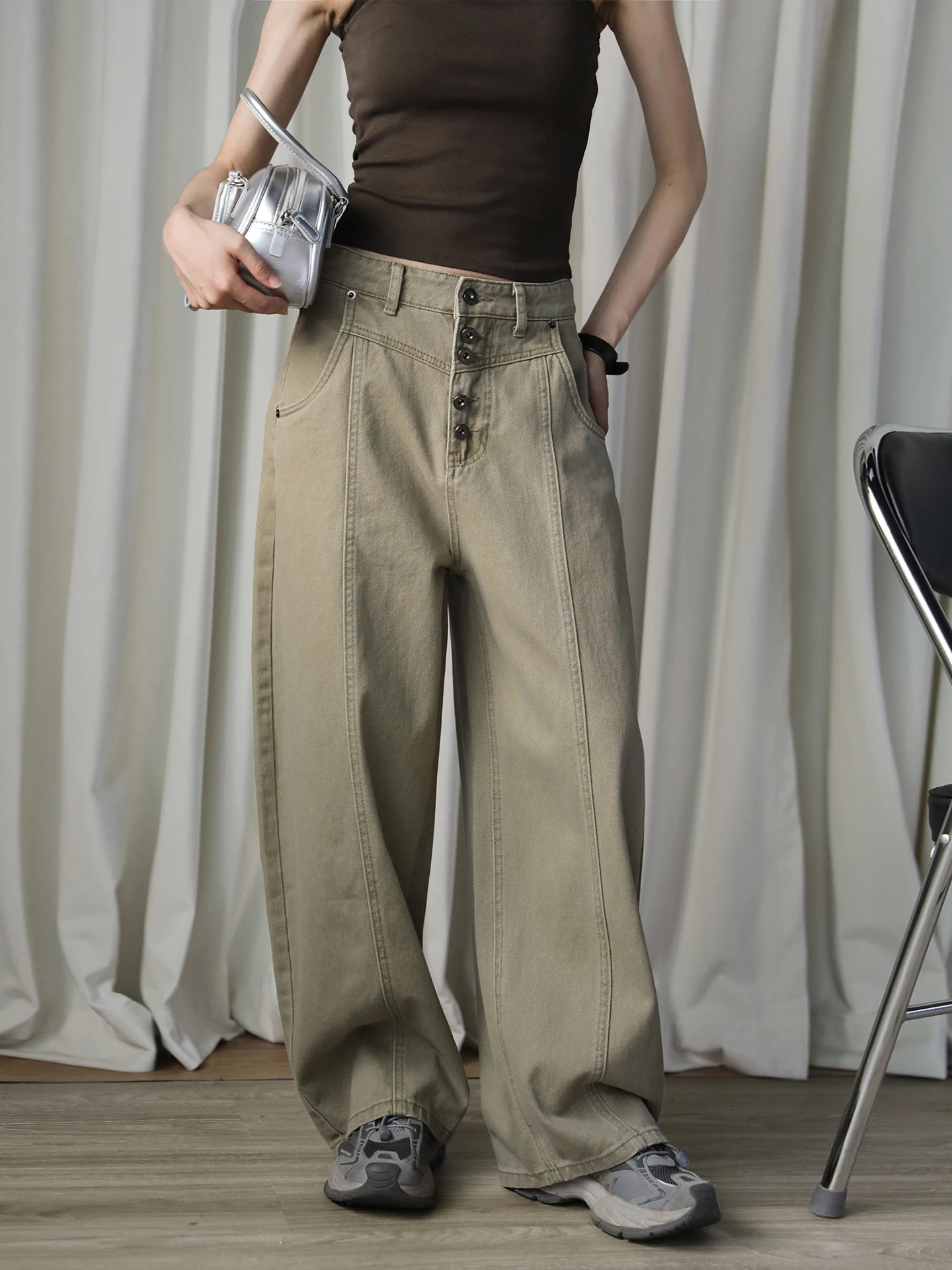 

High Waist Wide Leg Pants Women Loose Slimming Workwear Style Khaki Straight Leg Pants Pocket Bend Knife Pants Summer America...
