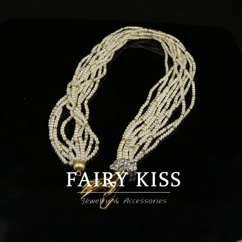 Medieval multi-layered rice bead chain elegant  necklace bracelet exquisite clavicle chain hand ear stud jewelry