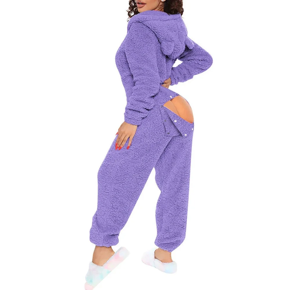 Women's Winter Warm Onesies Fleece Romper Pajamas Solid Open Design Long-Sleeve Zipper V Neck Hooded Sleepwear Sexy Homewear NEW