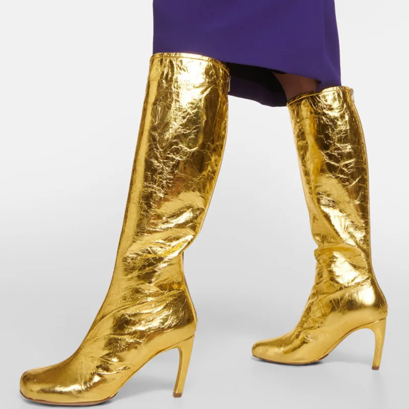 

2023 New Shiny Metal Leather Slim Fit High Heel Over Knee Long Boots Cat Heel Fashion Square Head Women's Mid Length Boots