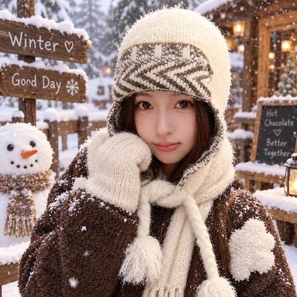 Face Slimming Ear Flap Hat 56cm to 58cm Fair Isle Pattern Winter Knitted Hat Ear Protection Thick Warm Trapper Hat For Women