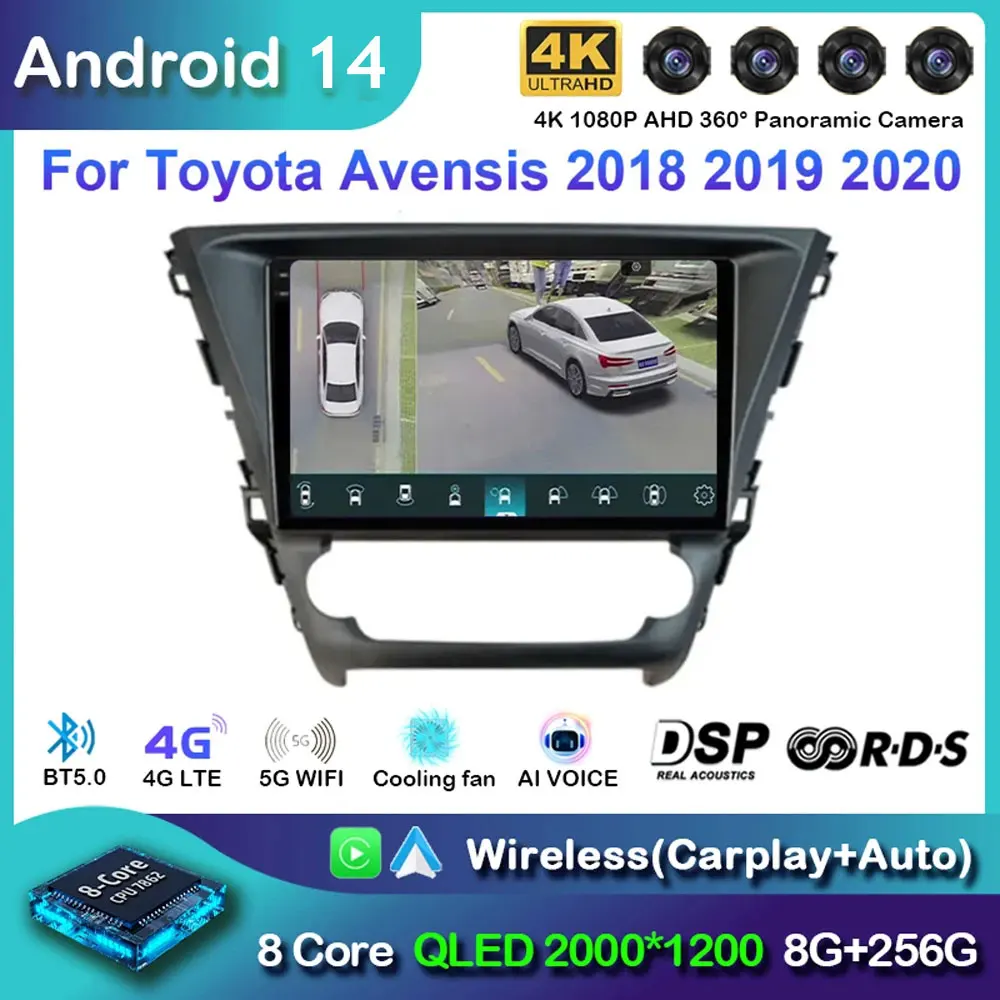 Android 14 Carplay Car Radio For Toyota Avensis 2018 2019 2020 Navigation Multimedia GPS Player Stereo WiFi+4G video 360 Camera