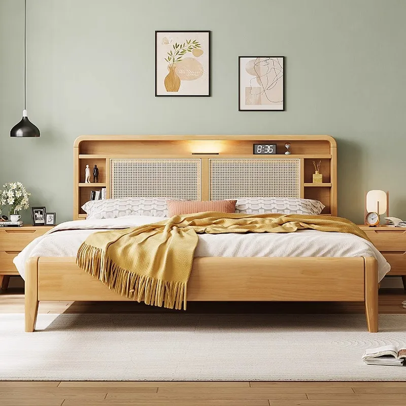 Wabi Sansan retro solid wood rattan bed Japanese-style homestay 1.8 meters double bed bedroom with night light drawer storage