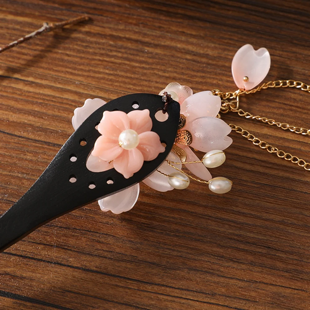 Chinese Hair Stick Flower Tassel Hairpin Sandalwood Ancient Girls Hair Bun Forks Chopsticks Vintage Hanfu Headpiece Hair Jewelry