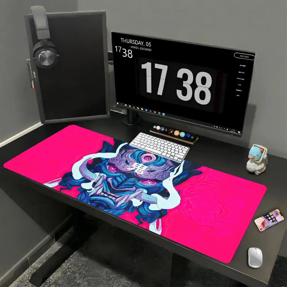 XXL Large Mousepad Vintage Tengu Demon Ocean Wave Art Desk Mat Overlock Non‑Slip Rubber Mouse Mats Keyboard Table Pad Game
