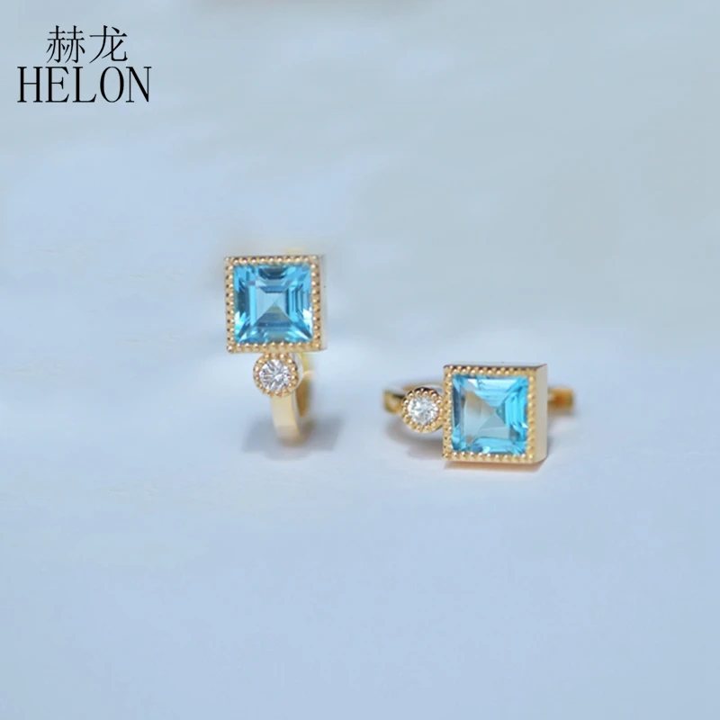 

HELON Blue Topaz Earrings Solid 18K 14k Yellow Gold Moissanite Diamonds Stud Earrings Women Trendy Versatile Square Earrings