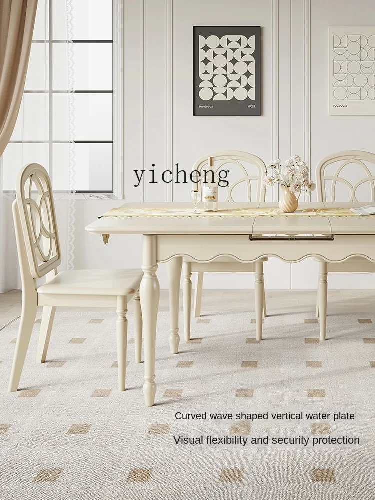 XL American Solid Wood White Retractable Rectangular Dining Tables and Chairs Set French Style