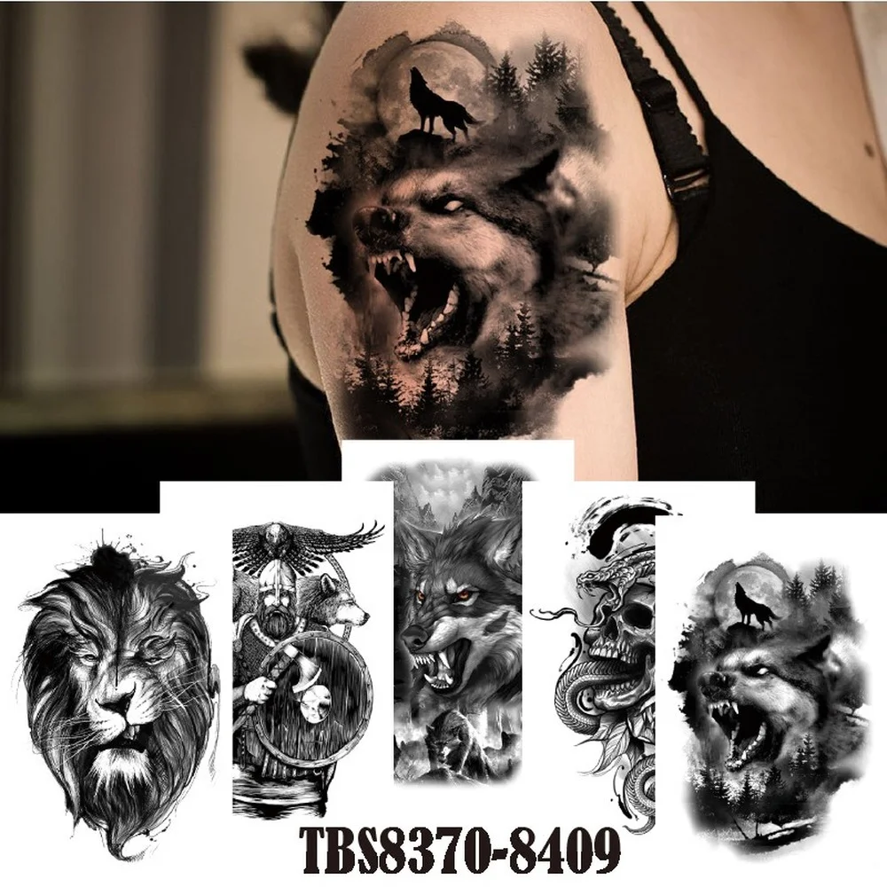 Waterproof Temporary Tattoo Sticker Animal Tatoo Sticker Wolf Head Lion Skull Head Male Domineering Water Transfer Tatto Sticker