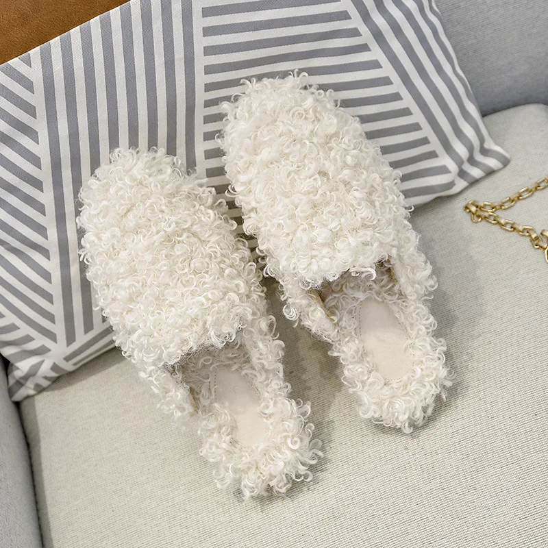 Fur Shoes Slippers Casual Flock Mules For Women 2023 Loafers Big Size Slides Low Plush Luxury Soft Flat Rome Round Toe Hoof Heel