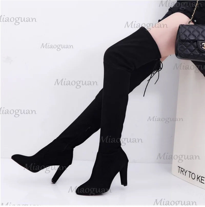 Botas de ante largas elásticas para mujer, Botas por encima de la rodilla, zapatos de plataforma negros informales, Botas de otoño para mujer, Botas de tacón alto grueso