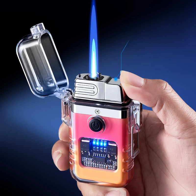 Transparent Shell Waterproof Dual Fire Butane Gas Electronic Lighter Outdoor Windproof Dual Arc and Jet Fire Lighter USB Lighter