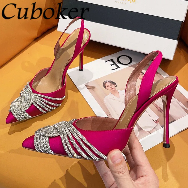 

Summer Runway Satin High Heels Sandals For Women Pointy Toe Crystal Ladies Pumps Dress Women Shoes Wedding Shoes Rose Red Mules