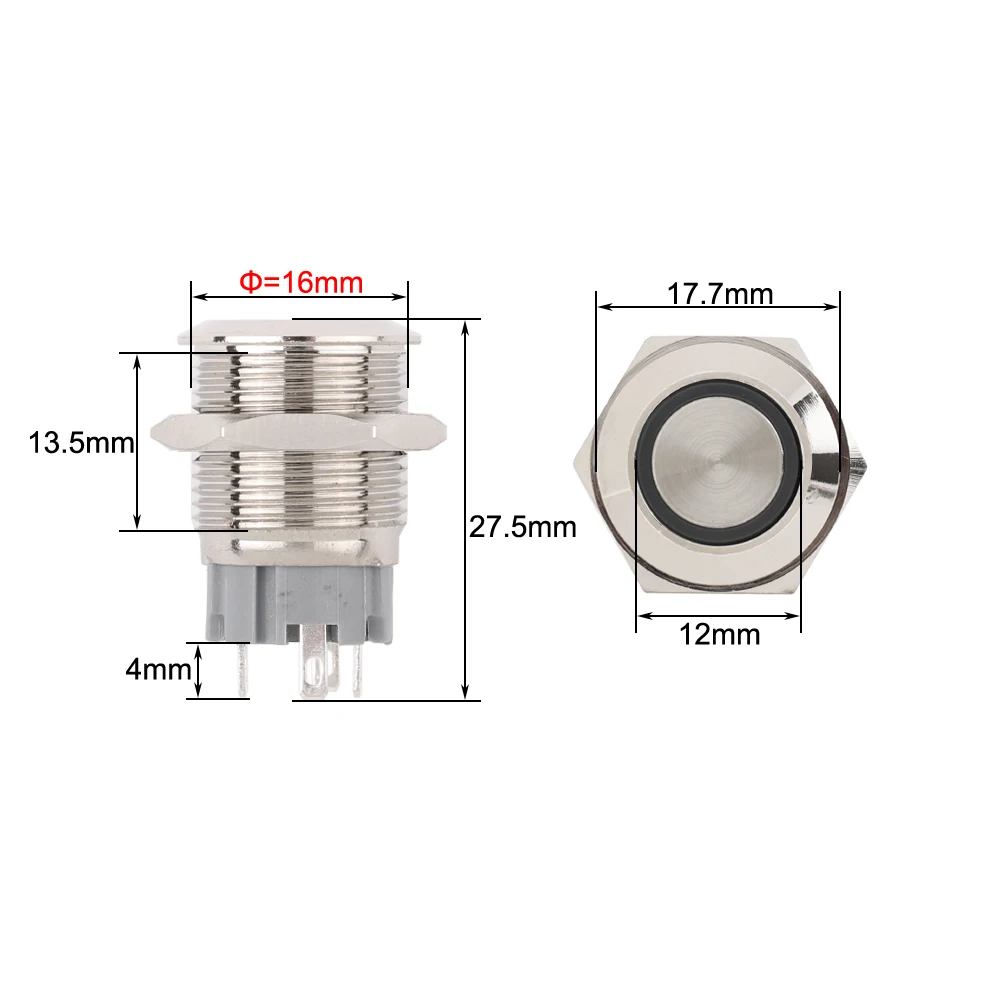 25PCS 16mm Waterproof Metal Push button Switches With LED Light Flat Head 19mm Momentary Reset or Latching With Fixing 4Pins 12V