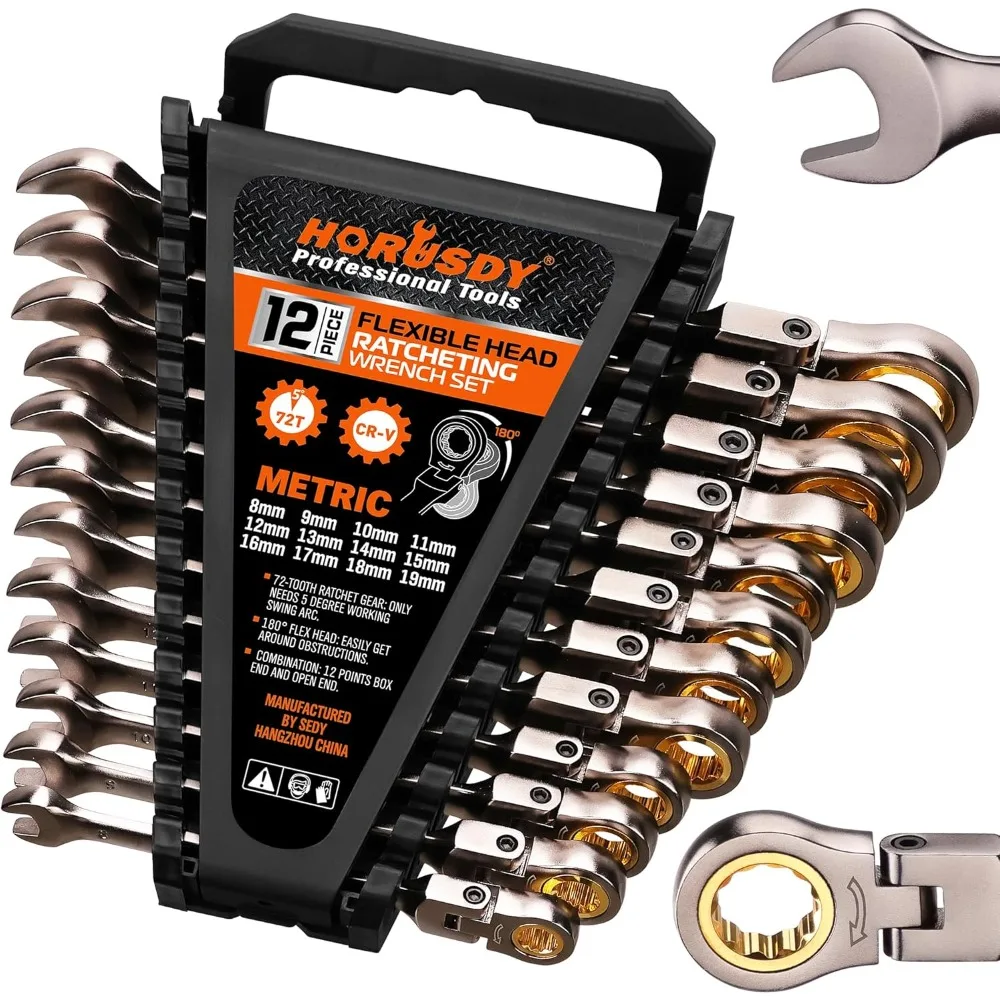 12-Piece Metric Flex-Head Ratcheting Wrench Set Set with Organizer ,8-19 mm Ratchet Combination Wrenches Set ,72-Teeth