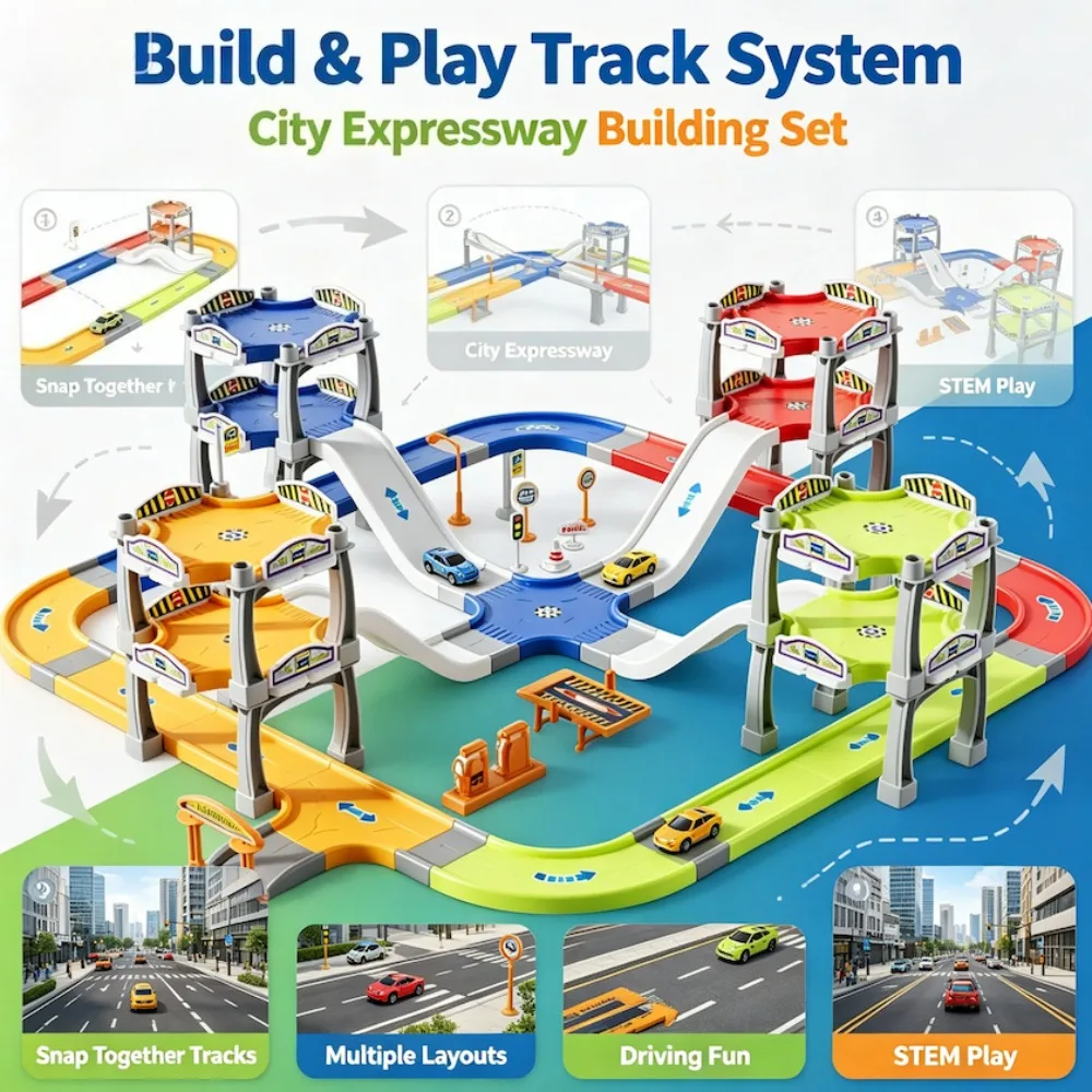 City Expressway Building Race Track Toy, DIY Assemble Flexible Highway Adventure Playset, Ideal Birthday Holiday Gift