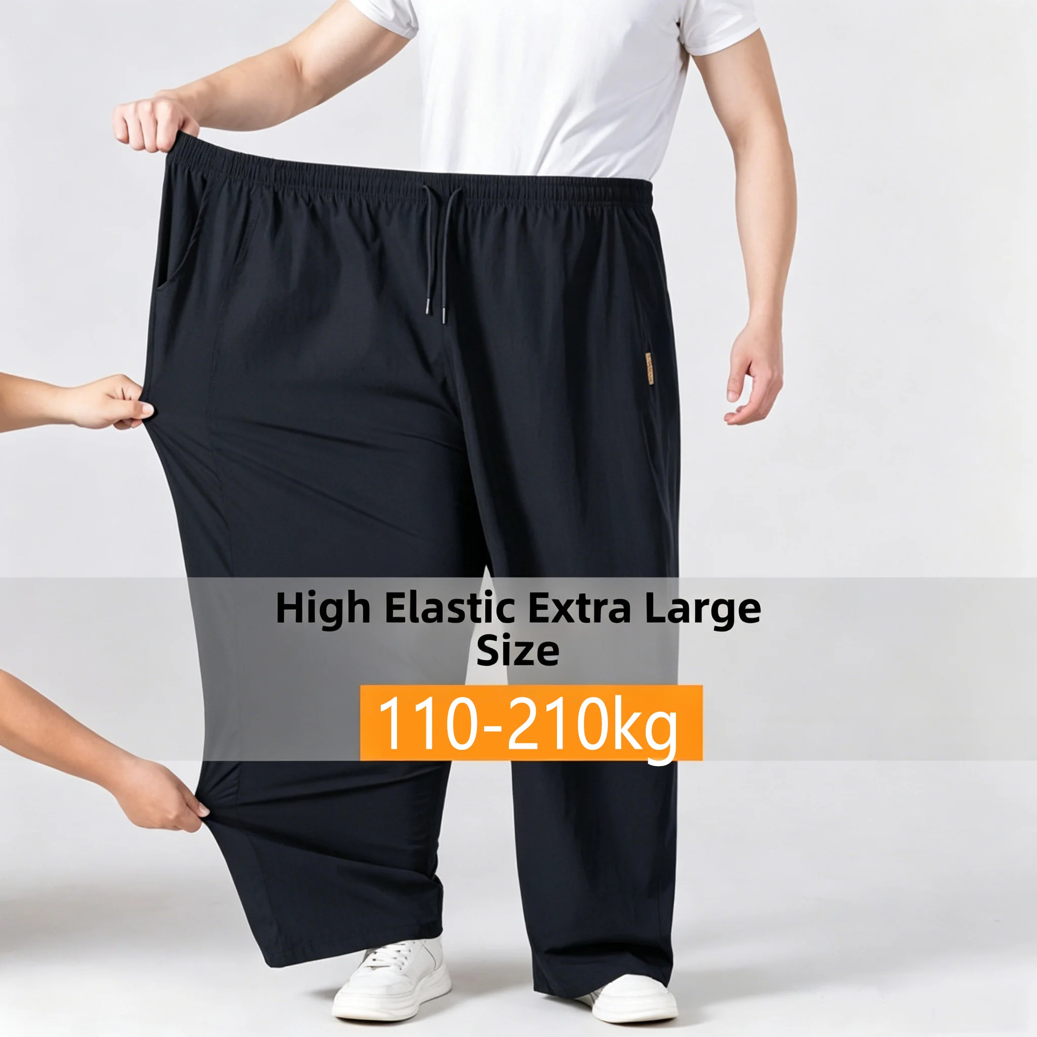 

Men Plus Size Ice Silk Casual Pants Elastic Waist Straight Wide Leg Sport Trousers 4XL-9XL Breathable Summer Quick Dry Pants