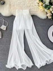 Summer solid color chiffon wide leg pants for women, high waisted, elastic waistband, flowing and slimming, casual pants