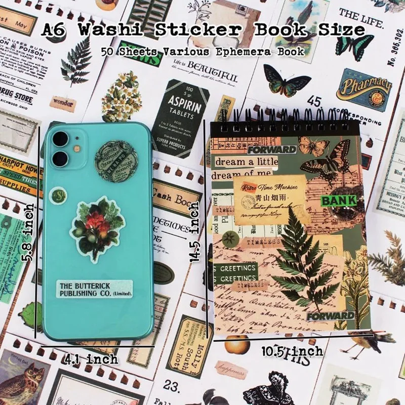 Vintage Stickers for Scrapbooking, 50 Sheets Precut Washi Stickers AJAS