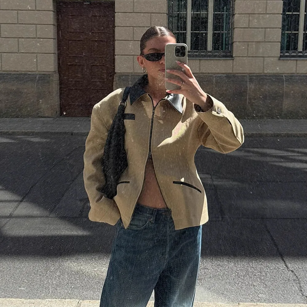 Retro Autumn Women's Motorcycle Jacket Brown Turn Down Collar Zipper Fly Pockets Female's Coat Chic High Street Outwear For Lady