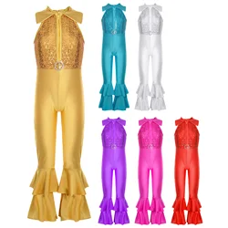 Kids Girls Ballroom Dance Costumes Shiny Sequins Zipper Diamond O-ring Front Tiered Bell-bottom Long Pants Disco Dance Leotards