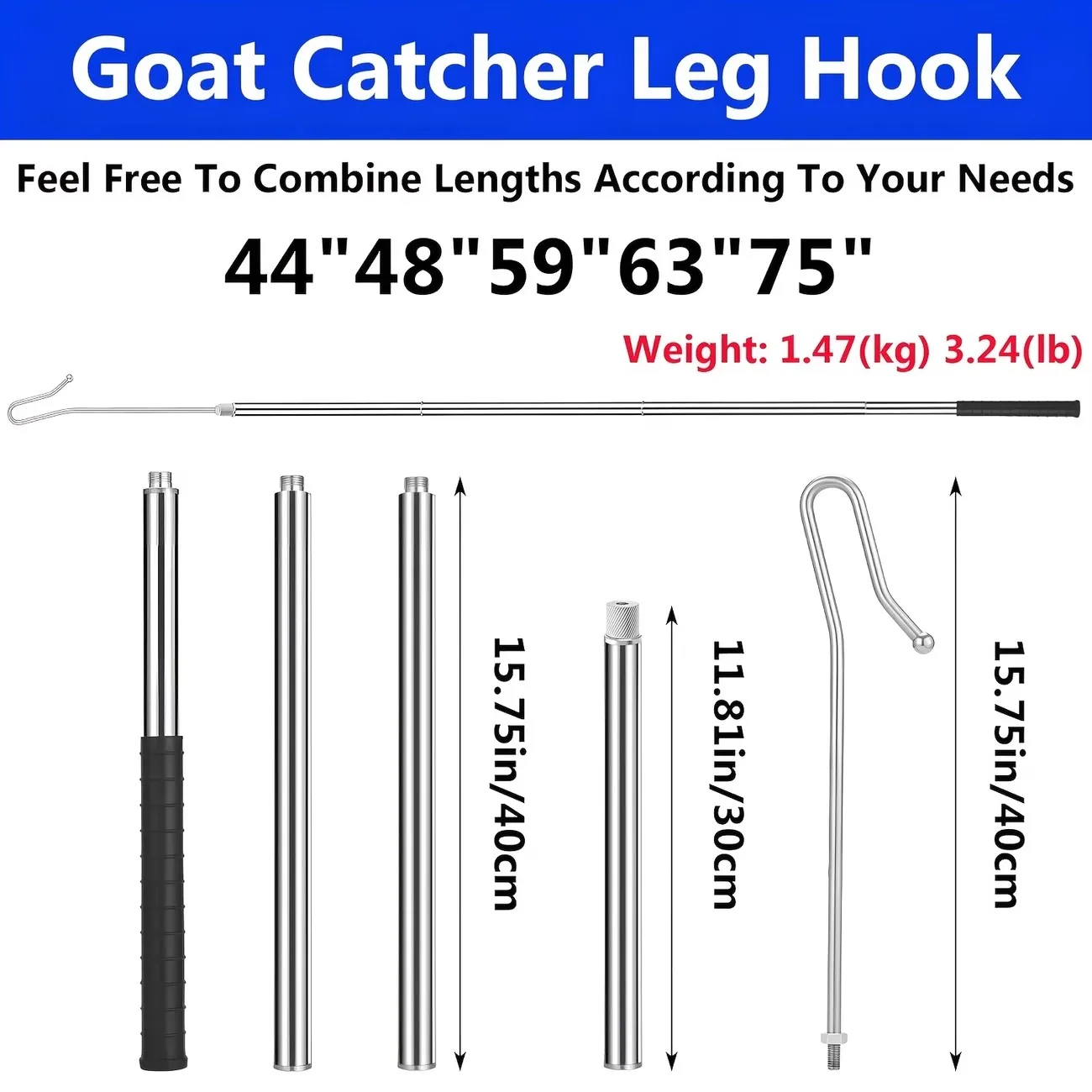 No Need to Chase Sheep! Five-Section Splicing Sheep-Grabbing Hook, 304 Stainless Steel, Scratch-Resistant, Won'T Hurt the Sheep's Legs, Adjustable Length, Sheep-Trapping Tool, Farm Sheep-Catching Tool
