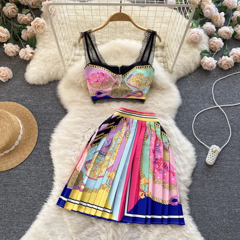 2023 Summer New Short Strapless Suspender Vest High Waist Pleated Skirt Two Piece Set Dress Sets