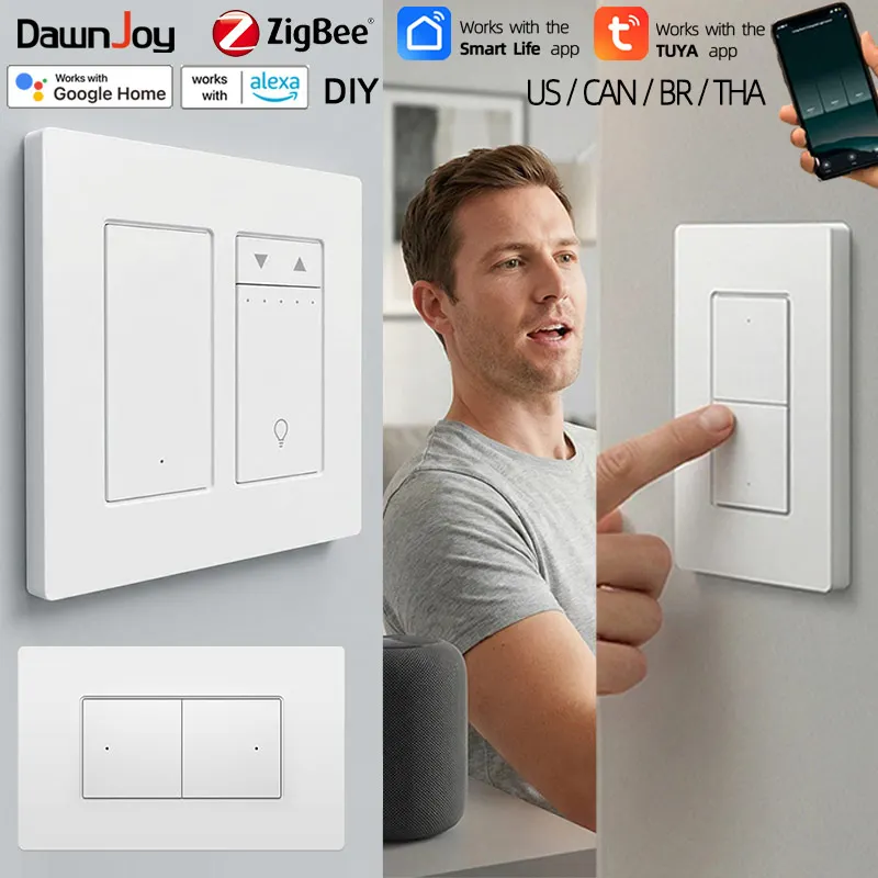 Dawnjoy Tuya Zigbee Smart Switch US Home Automation Wireless Wall Light Control 110V-220V 1-4Gang Remote Voice googlehome alexa