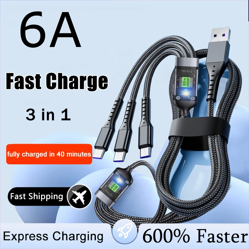 New 3 In 1 100w Transparent Fast Charging Cable Type C Usb Micro For Iphone Samsung Huawei Xiaomi Pilot Lamp Charger Usb C 6A