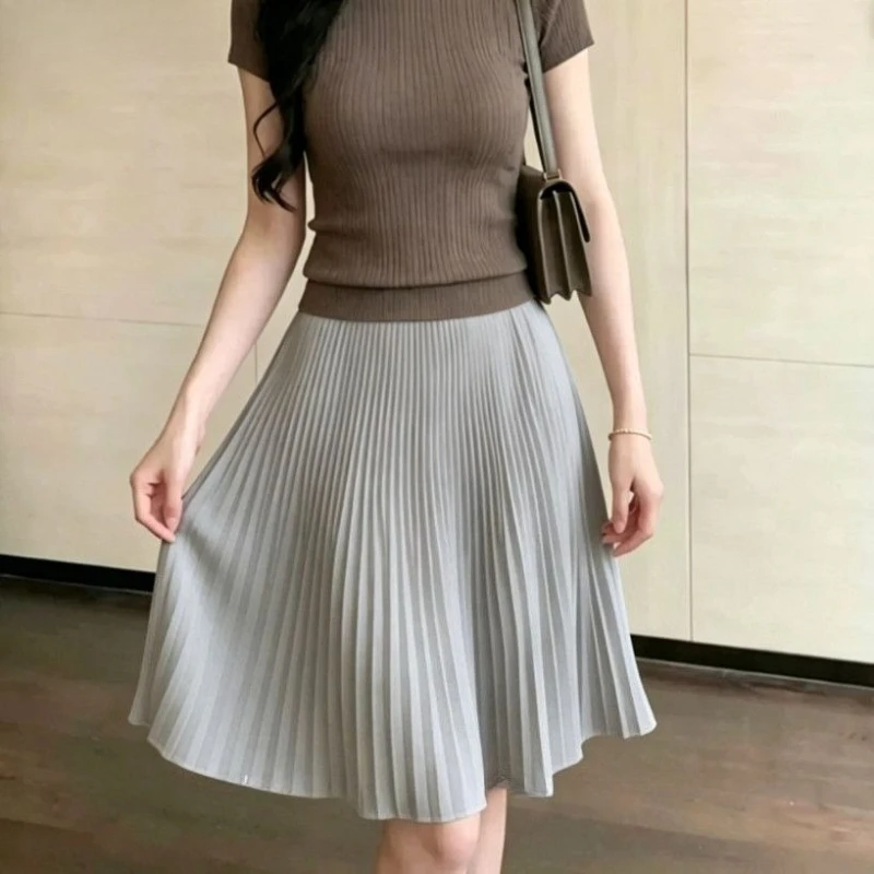 Summer Chiffon Pleated Skirt for Women Elastic Waist Simple Versatile White Skirt Fashion Leisure A-shaped Short Black Skirt