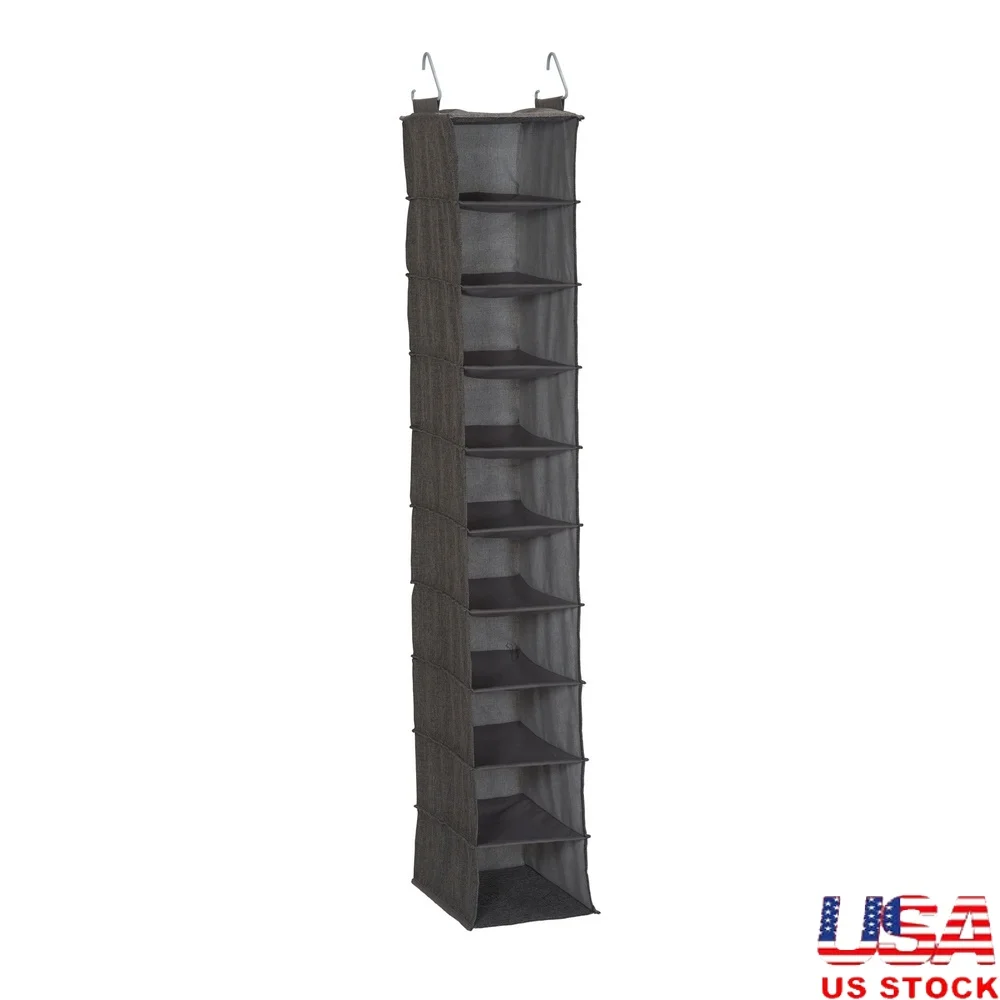 

Hanging Shoe Storage Organizer with 10 Shelves Durable Polyester Closet Organizer Shoes Sweaters Purses Easy Install Hooks