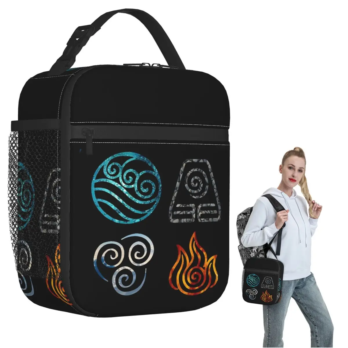 

Avatar The Last Airbender Element Symbols Insulated Lunch Bag for Women Kids Portable Food Boxes Thermal Lunch Box Tote