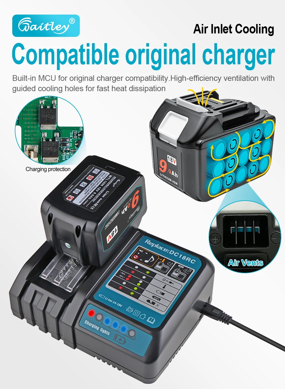 Waitley 18 V 9,0 Ah Akku für Makita Elektrowerkzeug Lithium-Ionen-Ersatz 18 Volt 9000 mAh 18 V 9 A BL1890 BL1840 BL1850 BL1860 – Detail 7