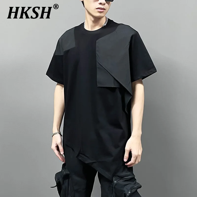 HKSH Spliced Patchwork Design Short Sleeve T-shirts Men\'s Spring Summer New Niche Irregular Mid Length Tees Fashion Dark HK1088