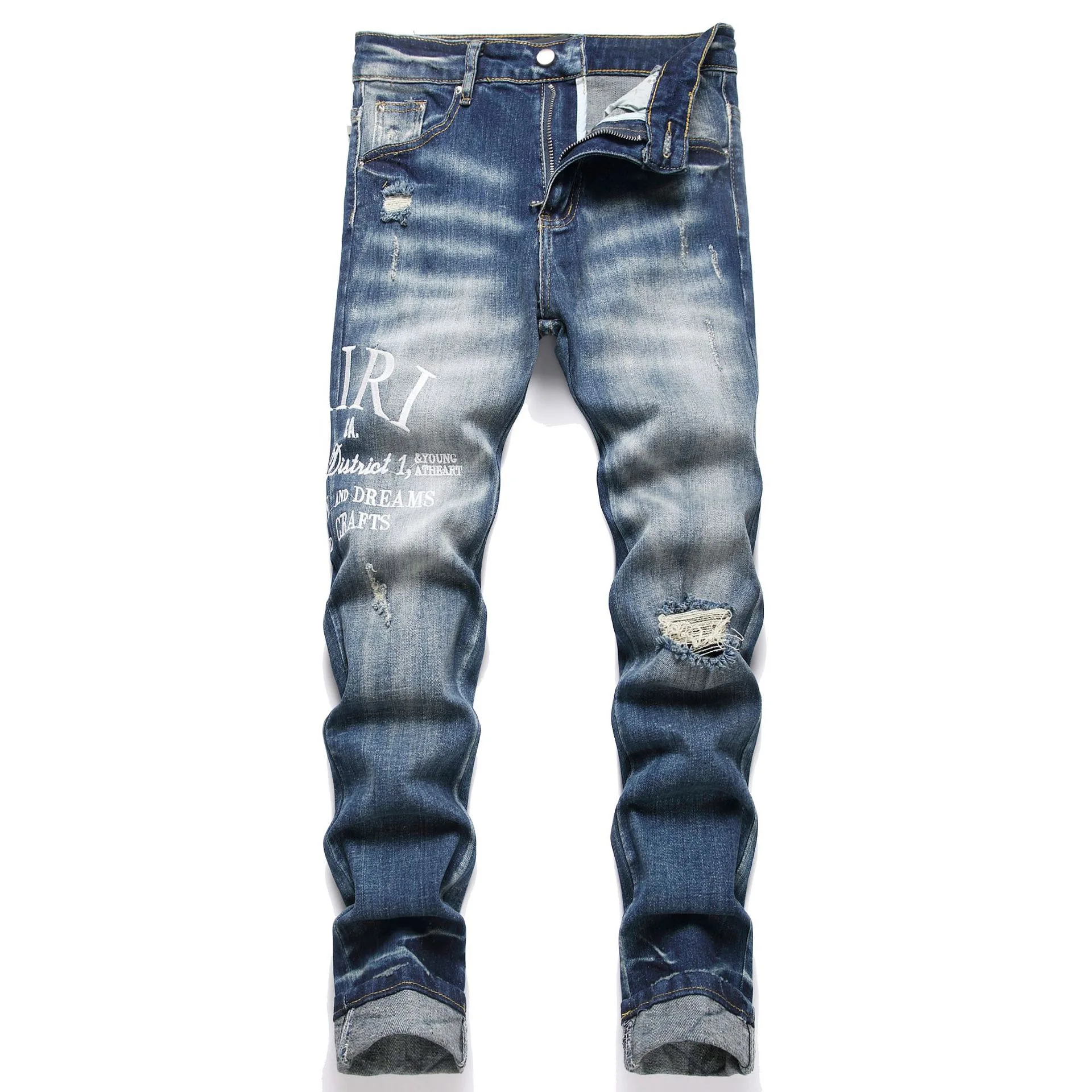 Hand Embroidered Jeans Men Gradient color Pattern Personality Cotton High Elastic Slim Trousers 3D High Street Wash Hole Skull