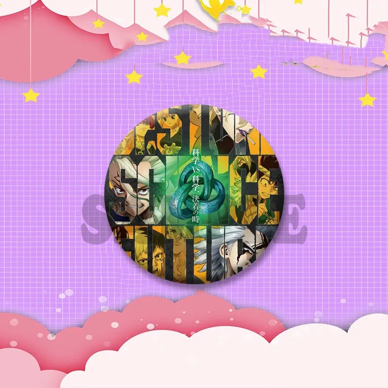 D-Dr. STONE Anime Coin Badges Cartoon Senku Ishigami Ginro Button Pins Manga Round Brooch for Backpack Hat Jewelry Accessories - view 5
