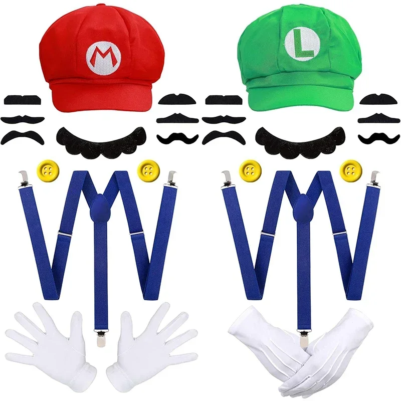Boné de Fantasia Super Bros Mario e Luigi para Adultos, Cosplay de Halloween, Boné de Anime Unissex para Role Play (Vermelho e Verde)
