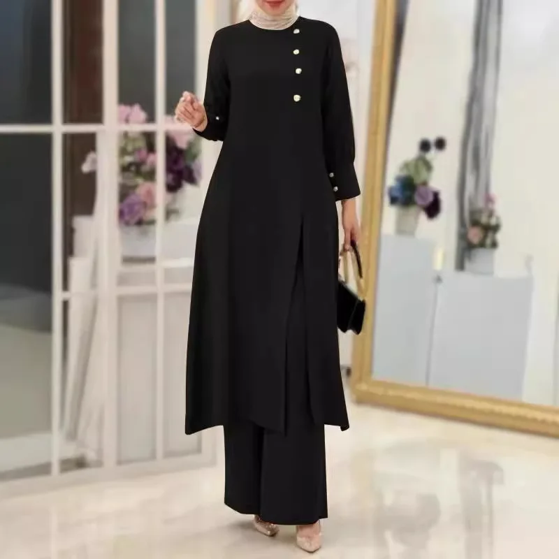 2024 Muslim women's two-piece set fashionable and elegant solid color side slit long shirt wide leg pants long robe