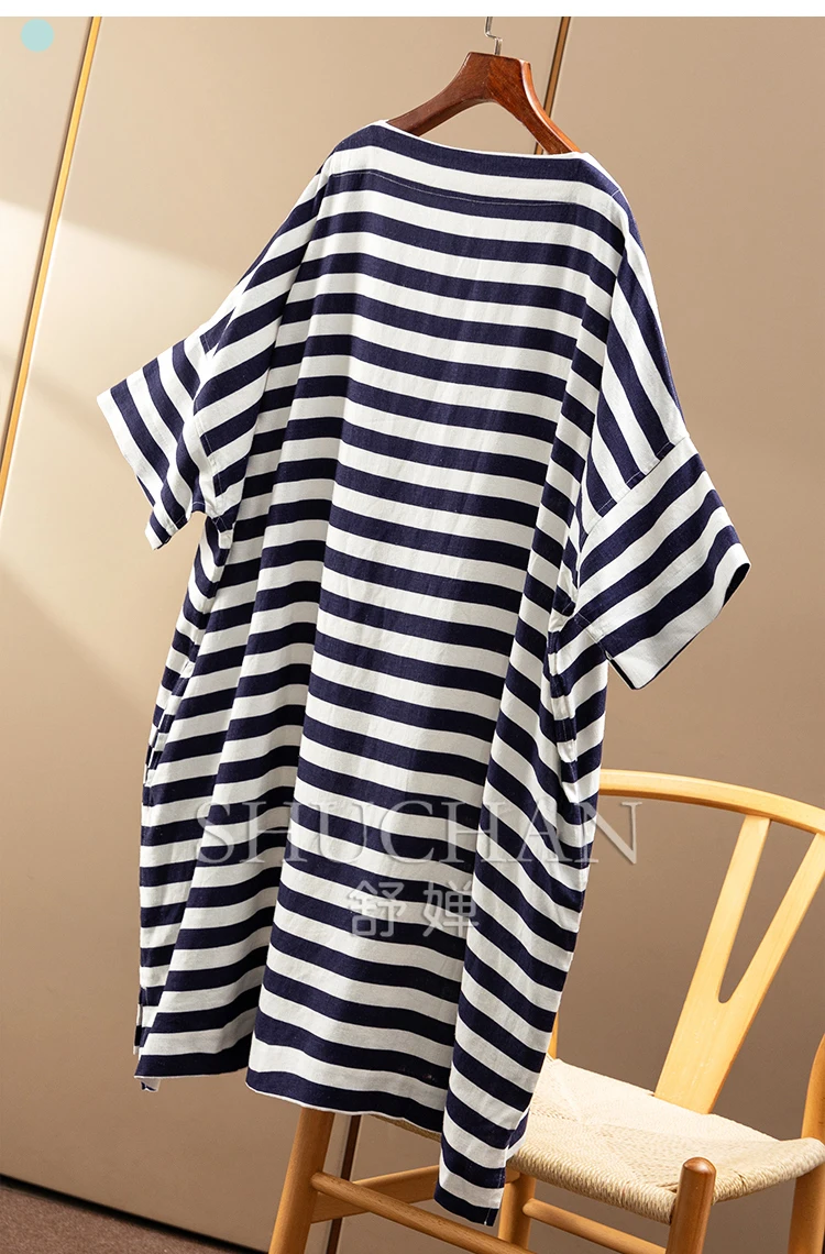 Abito t-shirt con maniche a sette quarti con silhouette allentata in misto lino a righe vintage oversize da donna 96A2