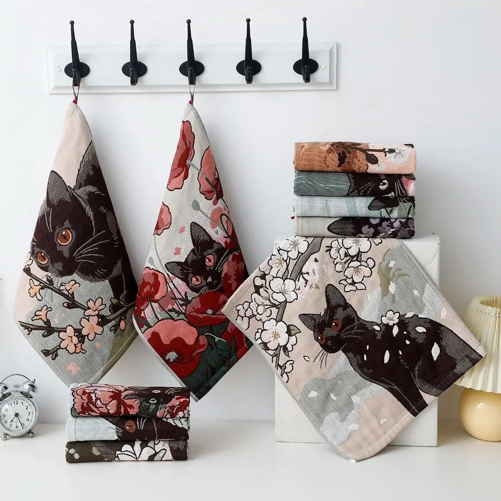 34x40cm Large Hand Towel Cat Pattern Quick Dry Kitchen Towel Decorative 4 Layer Cotton Gauze Pure Cotton Dish Cloth