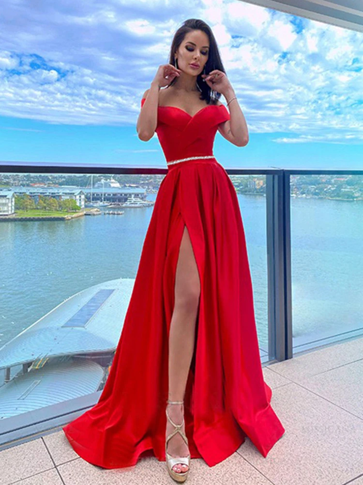 Evening Dresses 2022 For Woman Gala Dress Female Party Night High Split Off The Shoulder Ball Gown Red Prom Dresses