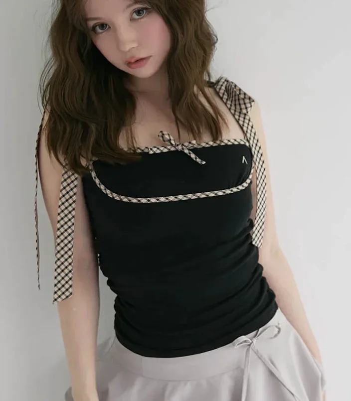 Japanese Pure Desire Chest Color Matching Strap Bow Pure Cotton Women's Vest Summer New Sweet Cool Girl Slim Sleeveless Tanks