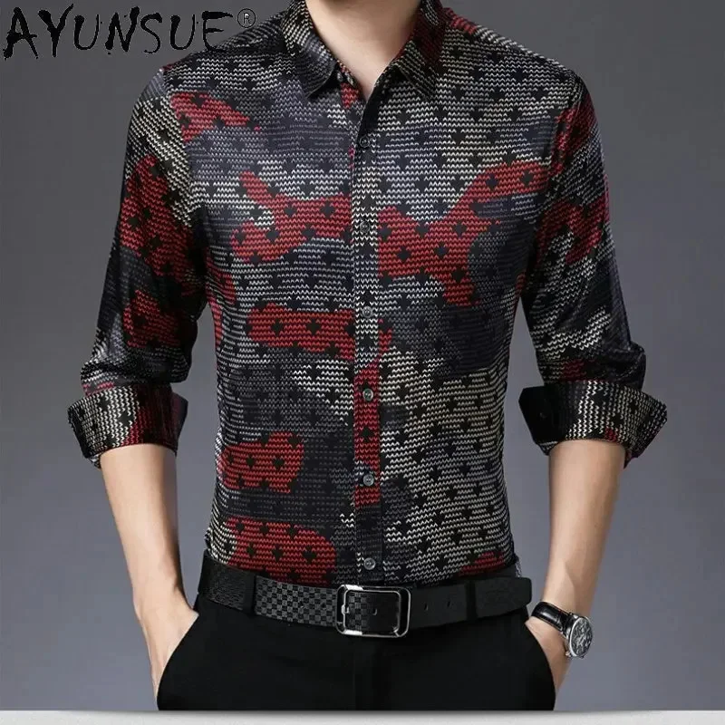 AYUNSUE Silk Long Sleeved Shirt Men's Mulberry Loose Fashion Printed for Men Casual Tops Clothing Camisa