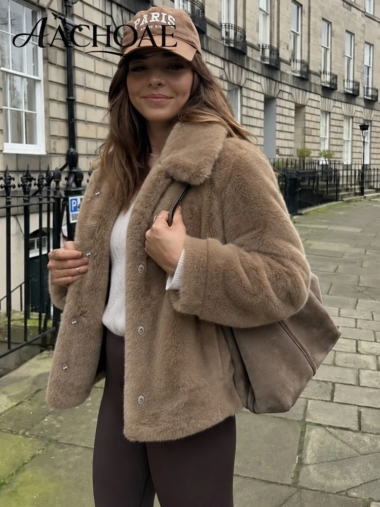 AACHOAE Women Faux Fur Jacket Winter Soft Faux Fur Coat Turn Down Collar Warm Plush Jacket Loose Casual Elegant Outerwear